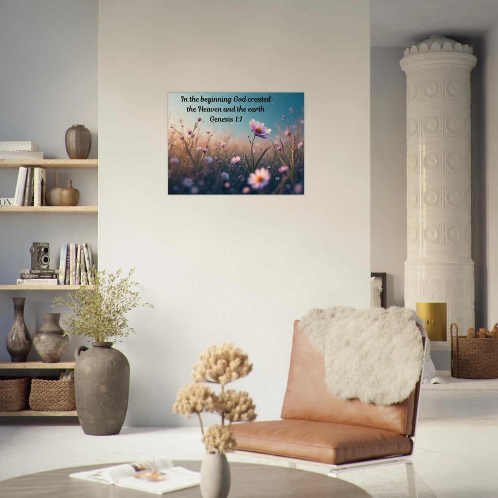 Modern Genesis 1:1 "In the beginning" scripture on a 24x32 aluminum metal wall print for high-end Christian home decor.