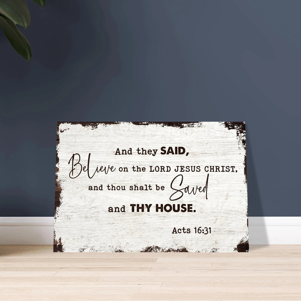 Large 24x36 Acts 16:31 scripture on premium aluminum metal wall print for a modern Christian home and family room decor.
