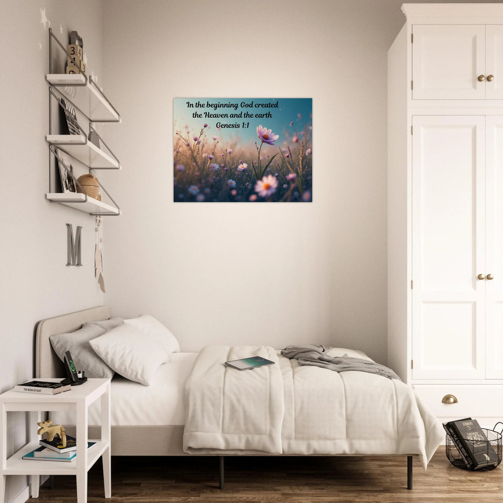 Modern Genesis 1:1 "In the beginning" scripture on a 24x32 aluminum metal wall print for high-end Christian home decor.