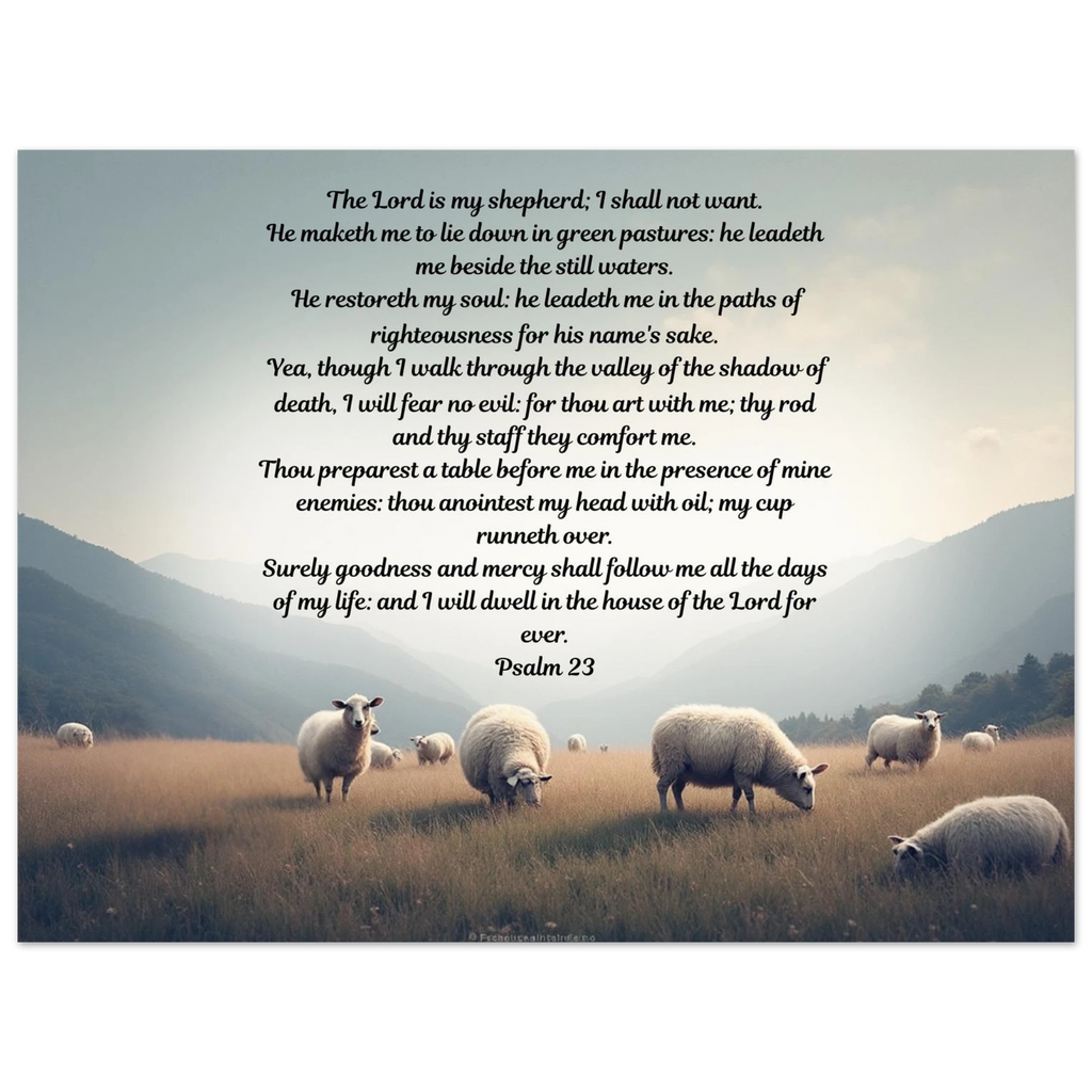 Modern Psalm 23 Scripture on a large 24x32 aluminum metal wall print for high-end Christian home decor.