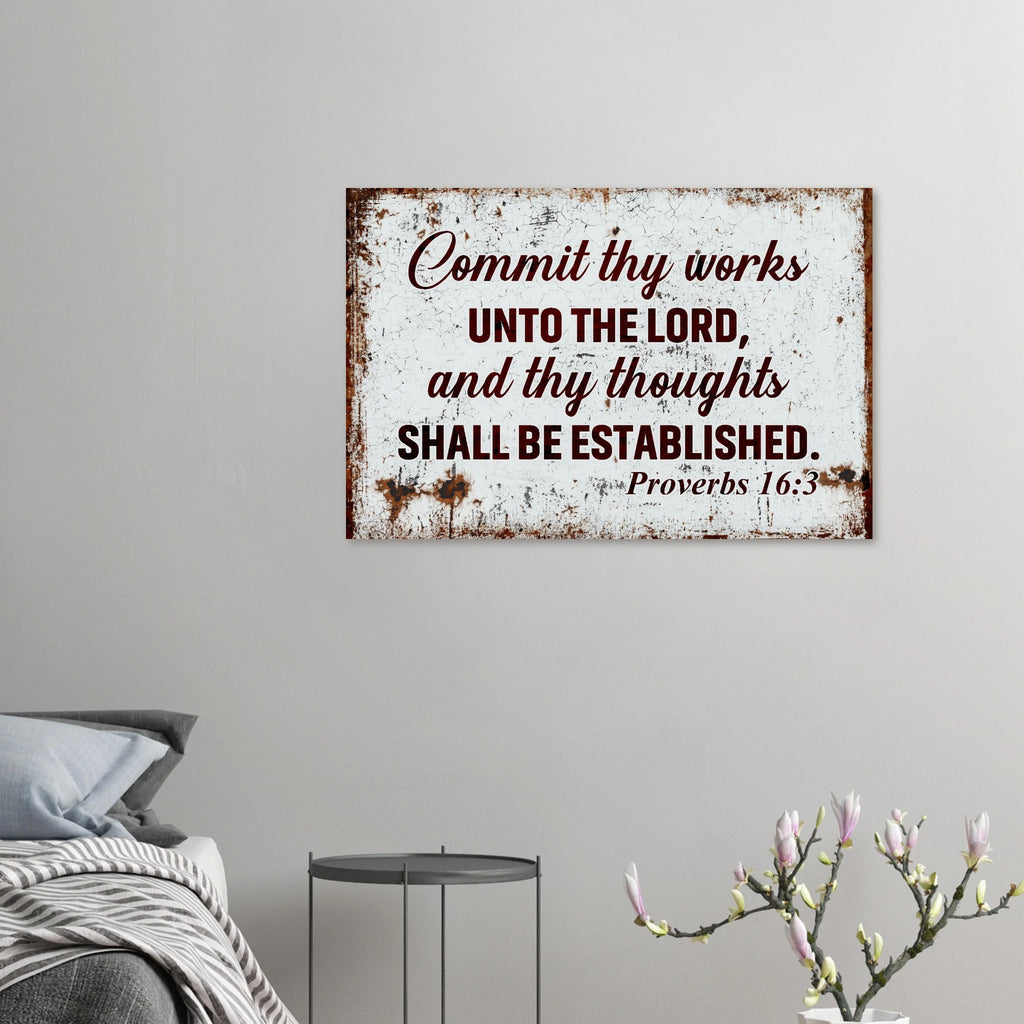 Modern Proverbs 16:3 "Commit to the Lord" scripture on a large 24x36 aluminum metal wall print for a professional Christian office.