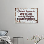 Modern Proverbs 16:3 "Commit to the Lord" scripture on a large 24x36 aluminum metal wall print for a professional Christian office.