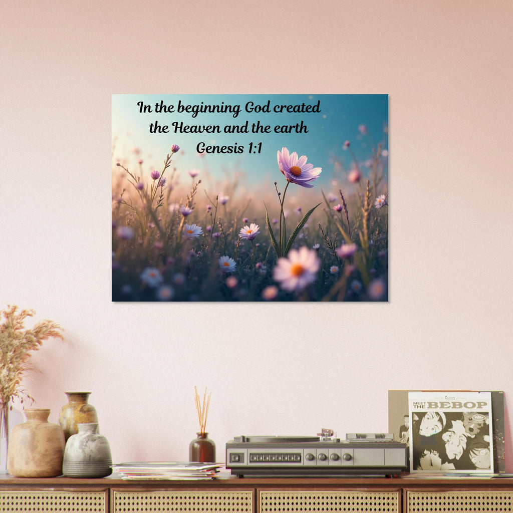 Modern Genesis 1:1 "In the beginning" scripture on a 24x32 aluminum metal wall print for high-end Christian home decor.