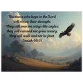 Modern Isaiah 40:31 Bible verse aluminum wall art featuring eagle wings theme, 24x32 inch metal print for Christian home decor.