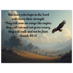 Modern Isaiah 40:31 Bible verse aluminum wall art featuring eagle wings theme, 24x32 inch metal print for Christian home decor.