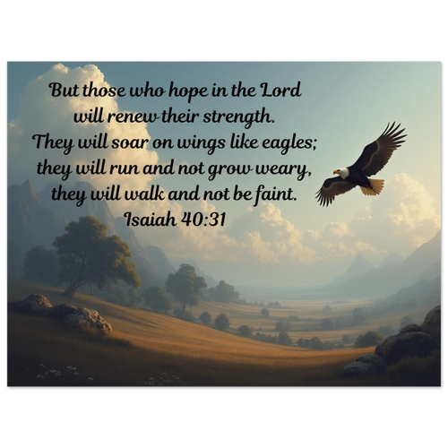 Modern Isaiah 40:31 Bible verse aluminum wall art featuring eagle wings theme, 24x32 inch metal print for Christian home decor.
