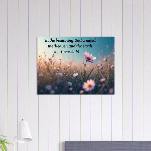 Modern Genesis 1:1 "In the beginning" scripture on a 24x32 aluminum metal wall print for high-end Christian home decor.
