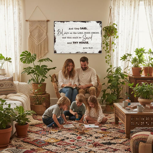 Large 24x36 Acts 16:31 scripture on premium aluminum metal wall print for a modern Christian home and family room decor.
