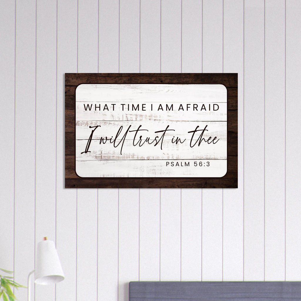 Large 24x36 Psalm 56:3 metal wall art print featuring modern "Trust in God" scripture for a bedroom or nursery.