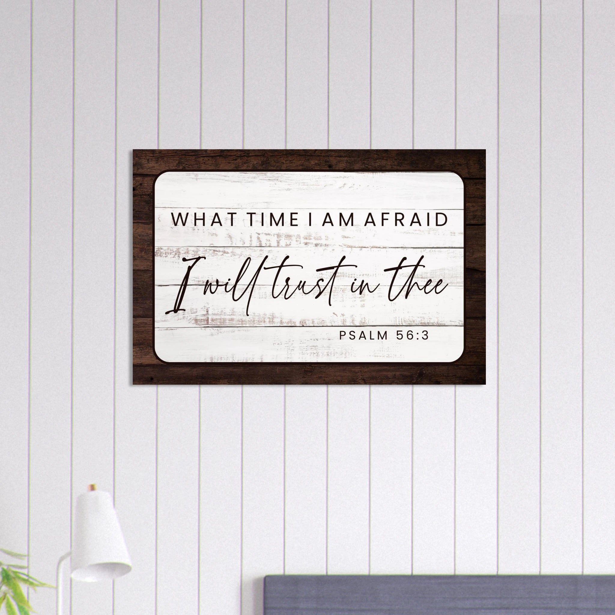 Large 24x36 Psalm 56:3 metal wall art print featuring modern "Trust in God" scripture for a bedroom or nursery.