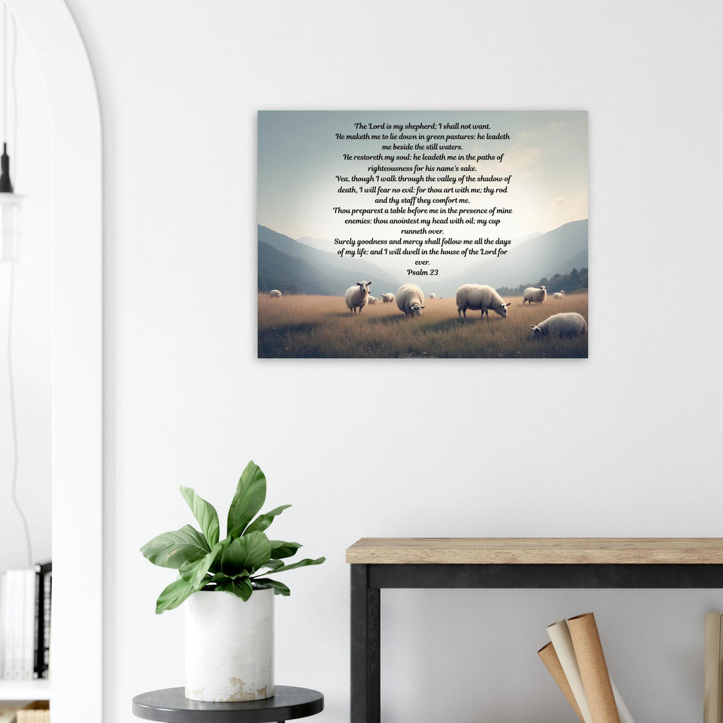 Modern Psalm 23 Scripture on a large 24x32 aluminum metal wall print for high-end Christian home decor.