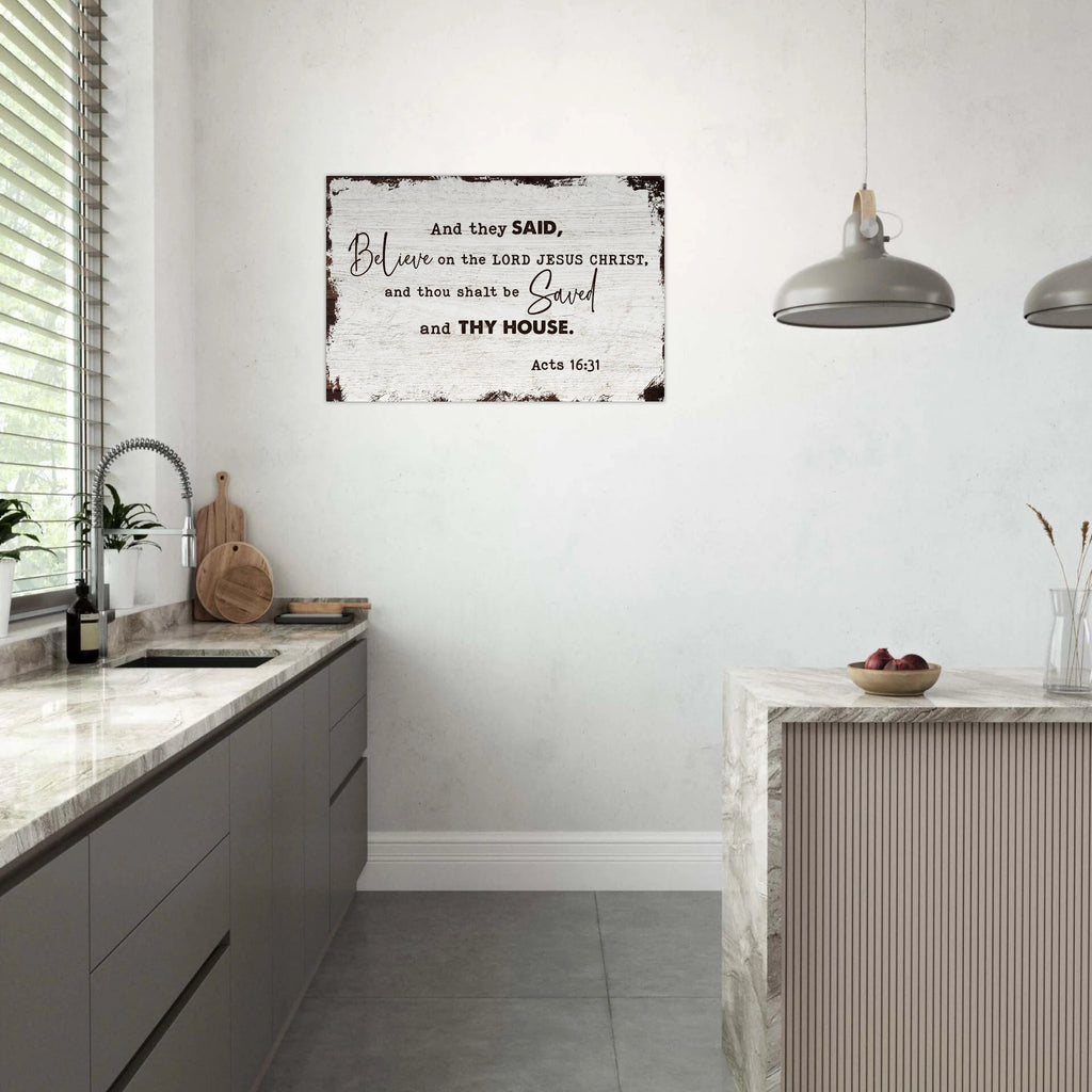 Large 24x36 Acts 16:31 scripture on premium aluminum metal wall print for a modern Christian home and family room decor.