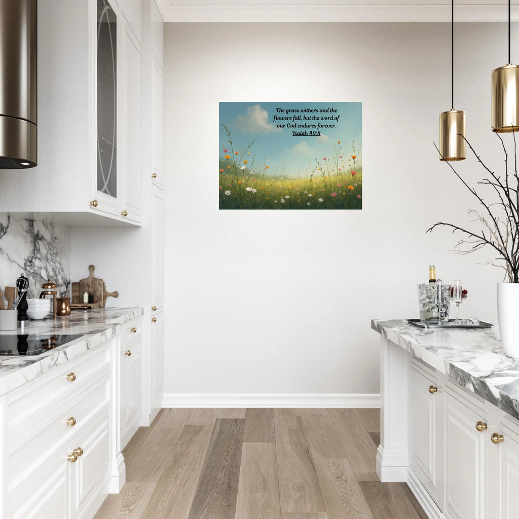 Modern Isaiah 40:8 Bible verse on a large 24x32 aluminum metal wall print for high-end Christian home and office decor.