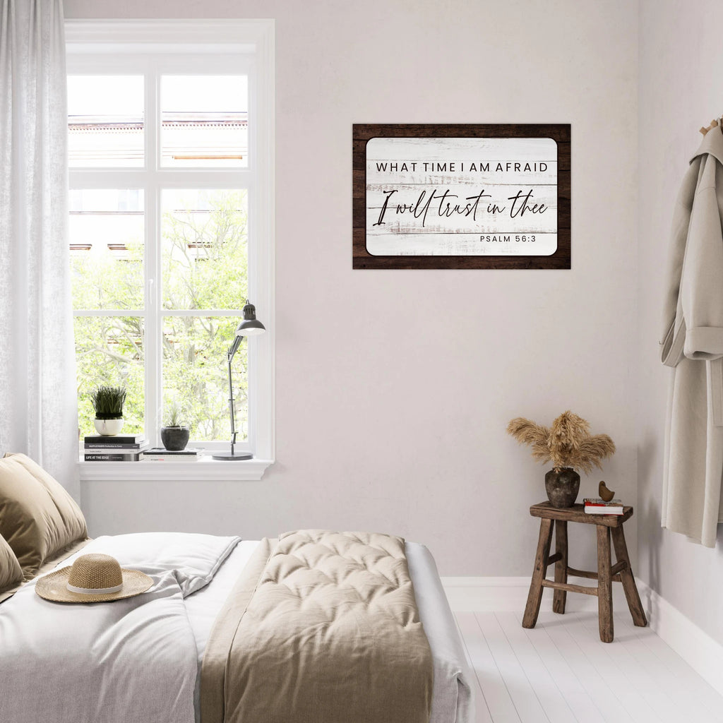 Large 24x36 Psalm 56:3 metal wall art print featuring modern "Trust in God" scripture for a bedroom or nursery.