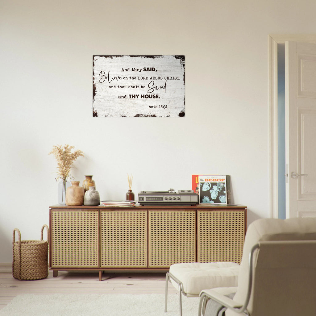 Large 24x36 Acts 16:31 scripture on premium aluminum metal wall print for a modern Christian home and family room decor.