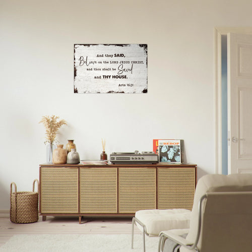 Large 24x36 Acts 16:31 scripture on premium aluminum metal wall print for a modern Christian home and family room decor.