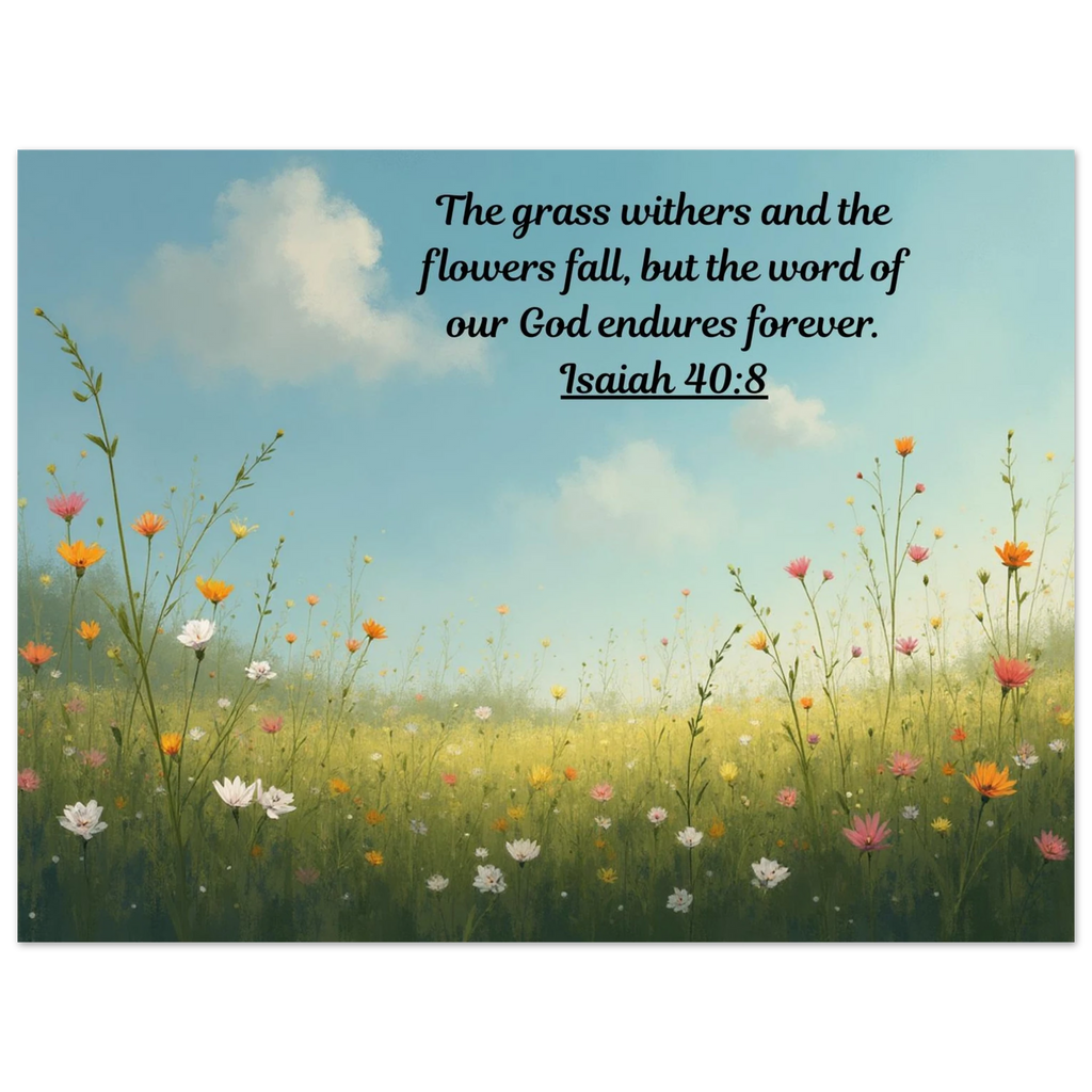 Modern Isaiah 40:8 Bible verse on a large 24x32 aluminum metal wall print for high-end Christian home and office decor.