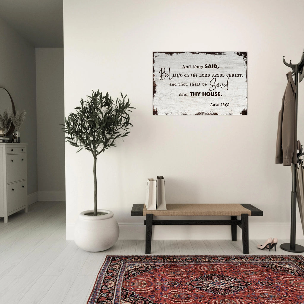 Large 24x36 Acts 16:31 scripture on premium aluminum metal wall print for a modern Christian home and family room decor.