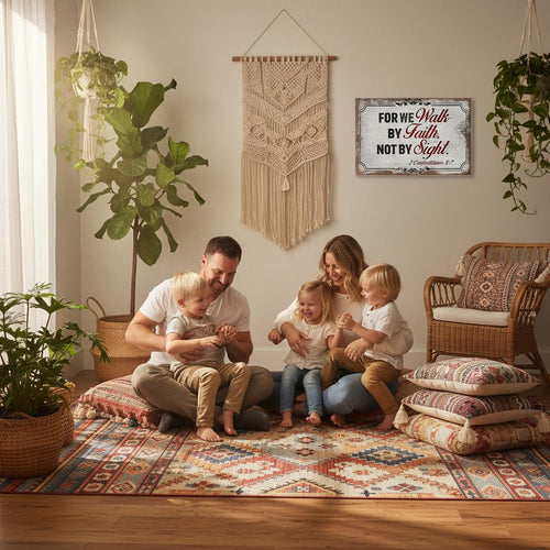 Modern 2 Corinthians 5:7 "Walk by faith not by sight" scripture on a premium aluminum metal wall print for high-end home or office decor.