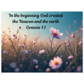 Modern Genesis 1:1 "In the beginning" scripture on a 24x32 aluminum metal wall print for high-end Christian home decor.