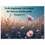 Modern Genesis 1:1 "In the beginning" scripture on a 24x32 aluminum metal wall print for high-end Christian home decor.