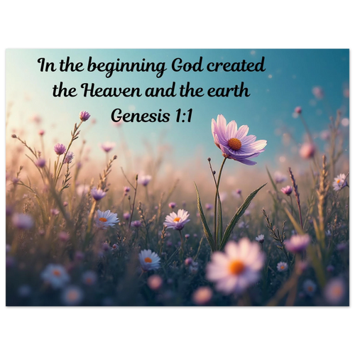 Modern Genesis 1:1 "In the beginning" scripture on a 24x32 aluminum metal wall print for high-end Christian home decor.