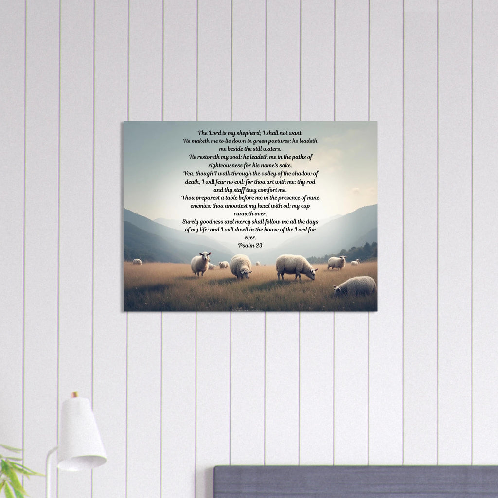 Modern Psalm 23 Scripture on a large 24x32 aluminum metal wall print for high-end Christian home decor.