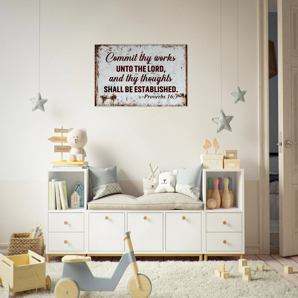 Modern Proverbs 16:3 "Commit to the Lord" scripture on a large 24x36 aluminum metal wall print for a professional Christian office.