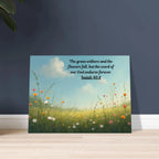 Modern Isaiah 40:8 Bible verse on a large 24x32 aluminum metal wall print for high-end Christian home and office decor.