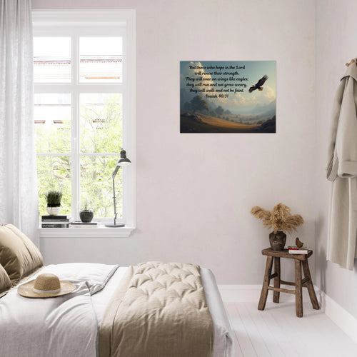 Modern Isaiah 40:31 Bible verse aluminum wall art featuring eagle wings theme, 24x32 inch metal print for Christian home decor.
