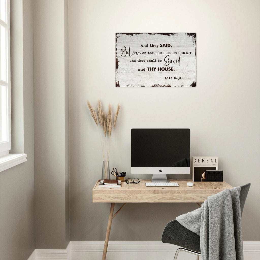 Large 24x36 Acts 16:31 scripture on premium aluminum metal wall print for a modern Christian home and family room decor.